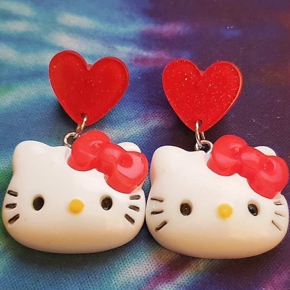Handmade Red and White Hello Kitty Heart Dangle Earrings